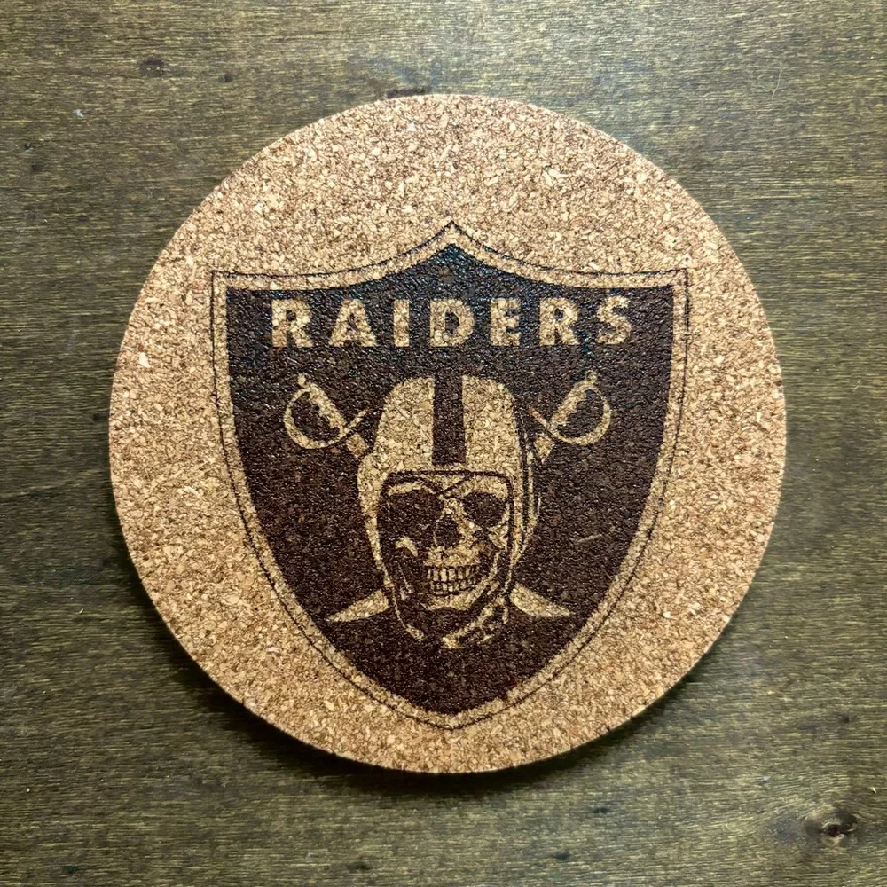 Raiders Skull Logo Laser Engraved Cork Coaster